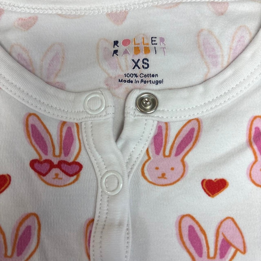 Roller Rabbit Lovestruck Bunny Pajama Set Pink White XS Heart Sunglasses Henley - Picture 2 of 8